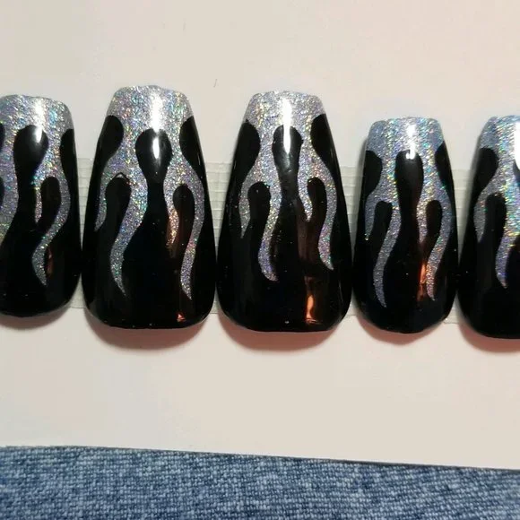 Beautiful Holographic Flame Nail Glue Press On set Size Large - Picture 2 of 2